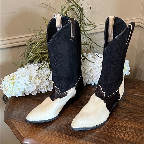 Code West Shoes - Vintage Code West Black and White  Leather Cowboy Boots Size 9 M